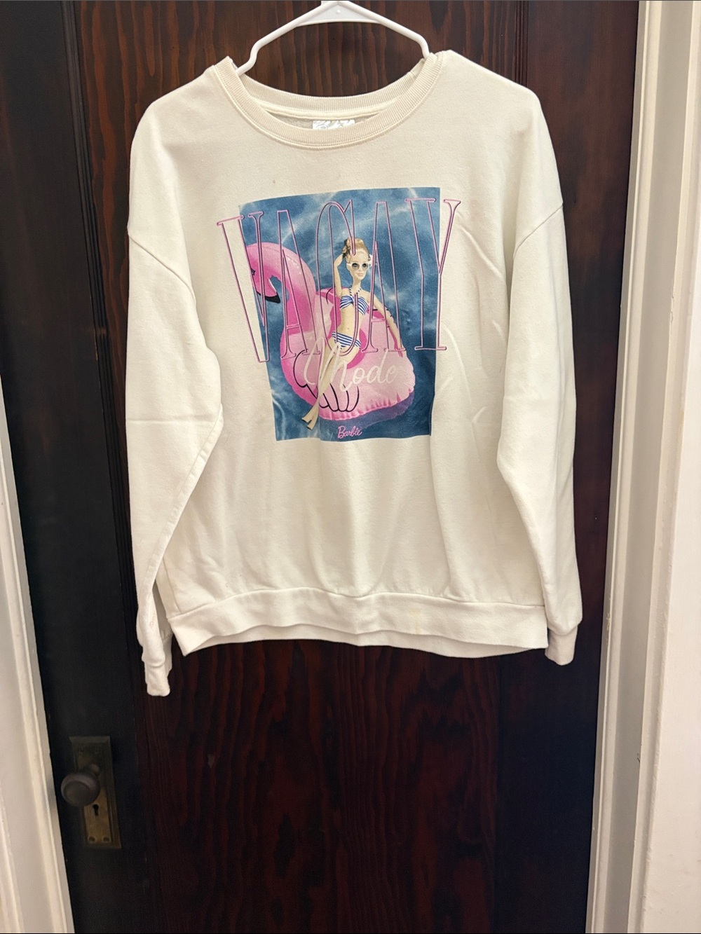 Barbie White Graphic Crewneck Sweatshirt with Pink Flamingo